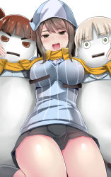 Rule 34 | 10s, 1girl, black skirt, blue hat, breasts, brown eyes, brown hair, girls und panzer, hat, kuku123, large breasts, looking at viewer, mika (girls und panzer), open mouth, shirt, skirt, solo, striped clothes, striped shirt, thighs, white background