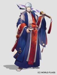 Rule 34 | 1boy, absurdres, aurora, dao (weapon), earrings, grey eyes, highres, holding, holding sword, holding weapon, jewelry, male focus, original, over shoulder, simple background, smile, solo, standing, sword, takemiya 09, teeth, weapon, weapon over shoulder, white background, white hair