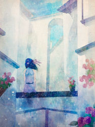 Rule 34 | 1girl, architecture, atha29, bad id, bad pixiv id, barefoot, black hair, building, cloud, day, dress, faux traditional media, flower, from behind, hair ribbon, hands on lap, leaf, outdoors, pale color, plant, potted plant, purple flower, purple rose, red flower, red rose, ribbon, rose, scenery, sitting, sky, solo, traditional media