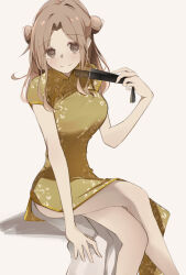 Rule 34 | 1girl, arm support, ass, bare legs, blush, breasts, china dress, chinese clothes, crossed legs, double bun, dress, feet out of frame, folded fan, folding fan, hair bun, hand fan, highres, holding, holding fan, ichikawa hinana, idolmaster, idolmaster shiny colors, invisible chair, large breasts, light brown hair, looking at viewer, mogupon, parted bangs, short sleeves, simple background, sitting, smile, solo, white background