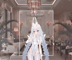 Rule 34 | + +, 1girl, animal ears, azur lane, blue eyes, braid, choker, cross-shaped pupils, crotchless, crotchless pantyhose, hand up, highres, indoors, le malin (azur lane), le malin (listless lapin) (azur lane), leotard, long braid, long hair, looking at viewer, low twin braids, nontraditional playboy bunny, o-ring, o-ring choker, official alternate costume, pantyhose, playboy bunny, rabbit ears, solo, soukou makura, standing, symbol-shaped pupils, twin braids, white choker, white hair, white leotard, white pantyhose, wrist cuffs