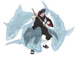 Rule 34 | 1boy, 2 4, blue hair, cloak, hoshigaki kisame, male focus, nail polish, naruto, naruto (series), samehada (sword), shark, simple background, solo, standing, sword, transparent, water, weapon