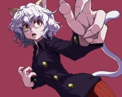 Rule 34 | 1girl, androgynous, animal ears, black shirt, buttons, cat ears, cat tail, claw pose, clothing cutout, fangs, fighting stance, fingernails, foreshortening, highres, hunter x hunter, maazyu, neferpitou, open mouth, orange hair, outstretched arm, red background, sharp fingernails, shirt, short hair, simple background, solo, standing, sweat, tail, tail through clothes, teeth, upper body, wavy hair, white hair