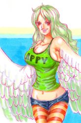 Rule 34 | 1girl, absurdres, camisole, donquixote pirates, green hair, harpy, highres, marker (medium), monet (one piece), monster girl, one piece, ryuchin032612, shorts, solo, striped legwear, traditional media