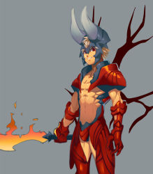 Rule 34 | 1boy, armor, bad id, bad pixiv id, blade, blonde hair, doom (dota), dota (series), dota 2, fire, gauntlets, helmet, horns, lvlv, male focus, open mouth, red eyes, simple background, smirk, solo, spiked hair, sword, topless male, weapon