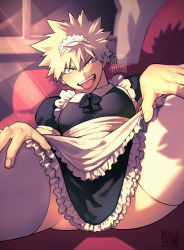 Rule 34 | 1boy, 1other, absurdres, alternate costume, apron, artist name, bakugou katsuki, black dress, blonde hair, boku no hero academia, couch, covering privates, covering crotch, crossdressing, curtains, dress, drop shadow, enmaided, frilled apron, frilled dress, frills, gluteal fold, hands on own thighs, highres, implied yaoi, indoors, juliet sleeves, light beam, long sleeves, looking at viewer, maid, maid apron, maid headdress, male focus, naughty face, neck ribbon, night, on couch, out of frame, pectorals, puffy short sleeves, puffy sleeves, red eyes, ribbon, short hair, short sleeves, signature, solo focus, spiked hair, spread legs, teasing, thighhighs, tongue, tongue out, twitter username, v-shaped eyebrows, waist apron, watermark, white legwear, window, yazaki (yazakc)