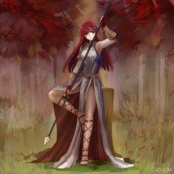 Rule 34 | 1girl, arm guards, autumn leaves, chocojax, fingerless gloves, full body, gloves, long hair, original, outdoors, polearm, red eyes, red hair, sandals, signature, solo, spear, standing, standing on one leg, weapon
