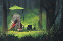 Rule 34 | 1girl, absurdres, acorn, ankle socks, basket, bean sprouts (6651003), bird, bow, rabbit, bush, cloak, creature, flower, forest, grass, hair bow, highres, knees together feet apart, leaf umbrella, long hair, looking at another, nature, open mouth, original, outdoors, picnic basket, pointy ears, red bow, red eyes, sandals, scroll, side ponytail, sign, socks, solo, squatting, tongue, tongue out, tree, water drop, white hair