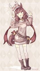 Rule 34 | 1girl, absurdres, alternate costume, animal ears, bell, belt, blush, boots, breasts, brown footwear, brown hair, brown shirt, collar, ears through headwear, fake antlers, full body, hands up, highres, horse ears, horse girl, horse tail, kiromo, long hair, long sleeves, looking up, matikane tannhauser (umamusume), multicolored hair, neck bell, notice lines, open mouth, pom pom (clothes), pouch, shirt, small breasts, solo, standing, streaked hair, tail, thighhighs, twitter username, umamusume, white thighhighs, yellow eyes