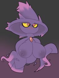 Rule 34 | 1girl, :3, breasts, closed mouth, colored sclera, creatures (company), female focus, floating, full body, game freak, gen 4 pokemon, ghost, gradient background, half-closed eyes, huge breasts, jitome, large areolae, mismagius, nintendo, nipples, pokemon, pokemon (creature), purple background, purple theme, red eyes, simple background, solo, vilepluff, yellow sclera