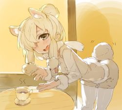 Rule 34 | 10s, 1girl, :d, alpaca ears, alpaca suri (kemono friends), alpaca tail, animal ears, beige shorts, beige vest, bent over, blonde hair, blue eyes, blush, breast pocket, cafe, collar, cup, eyebrows, from side, fur-trimmed sleeves, fur collar, fur trim, hair bun, hair ornament, hair over one eye, hair ribbon, horizontal pupils, indoors, kemono friends, kylin, long sleeves, looking at viewer, motion lines, neck ribbon, open hands, open mouth, pantyhose, pocket, red ribbon, ribbon, saucer, shirt, shorts, sidelocks, single hair bun, smile, solo, swept bangs, table, tail, tail wagging, tea, teacup, teeth, thick eyebrows, tress ribbon, upper teeth only, vest, white pantyhose, white shirt, wooden table