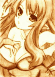 Rule 34 | 1girl, absurdres, bad id, bad pixiv id, baka to test to shoukanjuu, breasts, cleavage, female focus, godees, gradient background, highres, himeji mizuki, large breasts, long hair, monochrome, open mouth, sepia, sketch, solo, traditional media