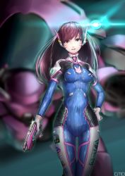 Rule 34 | 1girl, absurdres, animal print, armor, bodysuit, breasts, brown eyes, brown hair, covered navel, cowboy shot, d.va (overwatch), dms, facepaint, facial mark, glint, gloves, gun, hand on own hip, headphones, high collar, highres, long hair, looking at viewer, mecha, open mouth, overwatch, overwatch 1, pauldrons, pilot suit, rabbit print, robot, shoulder armor, smile, solo, swept bangs, weapon, whisker markings