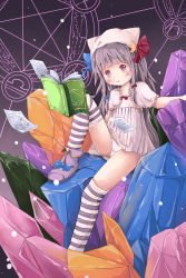 Rule 34 | 1girl, absurdres, bad id, bad pixiv id, blush, book, capelet, child, crescent, female focus, flying paper, gem, hair ribbon, hat, hat with ears, highres, lights, long hair, magic circle, no pants, open mouth, panties, pantyshot, paper, patchouli knowledge, pink eyes, purple hair, ribbon, rock, sakuraba hikaru (loveindog), shirt, sitting, sitting on rock, solo, striped clothes, striped thighhighs, thighhighs, touhou, underwear, white panties