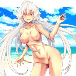 Rule 34 | 1girl, blue sky, blush, breasts, cleft of venus, cloud, collarbone, completely nude, day, fate/grand order, fate (series), gluteal fold, hair between eyes, jeanne d&#039;arc (fate), jeanne d&#039;arc (swimsuit archer) (fate), jeanne d&#039;arc alter (fate), legs apart, long hair, looking at viewer, medium breasts, nike (0306), nipples, nude, open mouth, pussy, silver hair, sky, solo, standing, uncensored, water, yellow eyes