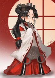Rule 34 | 1girl, black hair, blush, brown eyes, brown hair, hair ornament, hair ribbon, hair tie, hakama, hakama skirt, headgear, high ponytail, japanese clothes, kantai collection, long hair, long sleeves, looking at viewer, multi-tied hair, nisshin (kancolle), okobo, one-hour drawing challenge, open mouth, red hakama, red ribbon, ribbon, ribbon-trimmed sleeves, ribbon trim, sandals, short eyebrows, skirt, solo, thick eyebrows, toka (marchlizard), very long hair, wide sleeves