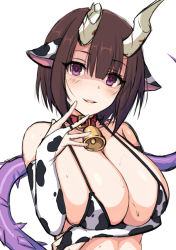 Rule 34 | 1girl, animal ears, animal print, bare shoulders, bell, bikini, bikini top only, breast hold, breasts, bridal gauntlets, brown hair, cow ears, cow girl, cow print, eriko (princess connect!), fingerless gloves, gloves, grin, horns, horosuke, large breasts, neck bell, princess connect!, print bikini, purple eyes, short hair, sidelocks, simple background, smile, solo, sweat, swimsuit, tail, white background, yandere