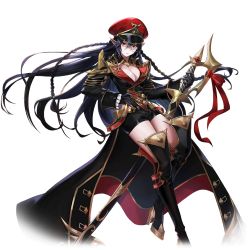 Rule 34 | 1girl, artist request, avencia, black hair, boots, braid, breasts, cleavage, elf, gloves, hair between eyes, hat, high heel boots, high heels, holding, holding sword, holding weapon, large breasts, long hair, long sleeves, looking at viewer, official art, pointy ears, red eyes, scar, scar on face, sheath, sheathed, shorts, solo, sword, thigh boots, thighhighs, transparent background, twin braids, valkyrie connect, very long hair, weapon
