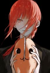 Rule 34 | 1girl, @ @, black background, black suit, chainsaw man, closed mouth, creature, crying, crying with eyes open, formal, hair over one eye, highres, holding, holding creature, inuo (inuo x), long hair, makima (chainsaw man), orange eyes, pochita (chainsaw man), red hair, ringed eyes, simple background, smile, suit, tears, upper body