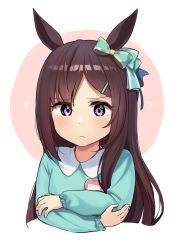Rule 34 | 1girl, absurdres, aged down, animal ears, badge, blush, bow, brown hair, button badge, child, closed mouth, collared shirt, commentary request, cropped torso, crossed arms, dot nose, ear bow, frown, green shirt, hair ornament, hairclip, highres, horse ears, hukahito, long hair, long sleeves, looking at viewer, mejiro dober (umamusume), purple eyes, shirt, solo, two-tone background, umamusume, upper body