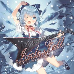 Rule 34 | 1girl, ;d, adapted costume, album cover, alternate costume, arm up, blue dress, blue eyes, blue hair, blush, breath, choker, cirno, cover, dress, electric guitar, fairy, fang, guitar, hair ornament, hair ribbon, ice, ice wings, instrument, jackson guitars, jackson rhoads, looking at viewer, mary janes, matching hair/eyes, one eye closed, open mouth, puffy sleeves, ribbon, ribbon choker, rie (reverie), shoes, short hair, short sleeves, smile, snow, snowing, socks, solo, text focus, touhou, tree, white socks, wings