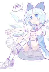 Rule 34 | 1girl, 3:, ?, alternate footwear, backlighting, bloomers, blue bow, blue dress, blue eyes, blue hair, bow, chabi (amedama), cirno, clenched hands, closed mouth, dress, floating hair, foreshortening, frills, from below, from side, full body, hair bow, hands up, holding, knees up, leg up, light blush, looking at viewer, looking down, neck ribbon, outstretched arms, pale color, pinafore dress, puffy short sleeves, puffy sleeves, red ribbon, ribbon, shirt, shoe soles, shoelaces, shoes, short hair, short sleeves, simple background, sitting, sleeveless dress, sneakers, socks, solo, speech bubble, spoken object, spoken question mark, touhou, tying, tying footwear, undershirt, underwear, untied footwear, upskirt, white background, white bloomers, white footwear, white shirt, white socks, wing collar, wings