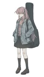 Rule 34 | 1girl, ahoge, annyeong (digye ), black skirt, black socks, blue eyes, blush, bocchi the rock!, brown footwear, closed mouth, expressionless, facing to the side, full body, gotoh hitori, hair between eyes, hands in pockets, highres, jacket, knee blush, kneehighs, loafers, long hair, nose blush, pigeon-toed, pink hair, pink jacket, pleated skirt, shoes, sidelocks, simple background, skirt, socks, solo, standing, sweater, track jacket, very long hair, white background