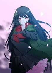 Rule 34 | 1girl, bad id, bad twitter id, black hair, black shirt, black skirt, blush, cherry blossoms, commentary request, girls&#039; frontline, hair ornament, long hair, long sleeves, looking at viewer, petals, pleated skirt, red eyes, red scarf, scarf, school uniform, serafuku, shirt, skirt, solo, type 100 (girls&#039; frontline), very long hair, warashi, wind, wind lift