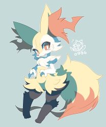Rule 34 | absurdres, animal ear fluff, animal ears, blue background, blush stickers, braixen, bright pupils, closed mouth, creatures (company), dated, fang, fox ears, fox tail, furry, game freak, gen 6 pokemon, hands up, highres, looking at viewer, nintendo, nyaswitchnya, outline, pokemon, pokemon (creature), red eyes, red nose, signature, simple background, skin fang, slit pupils, standing, tail, white outline