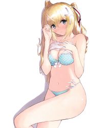 Rule 34 | 1girl, absurdres, bikini, blonde hair, blue bikini, blue eyes, breasts, camisole, cleavage, closed mouth, clothes lift, front-tie bikini top, front-tie top, hair between eyes, hair ornament, hair ribbon, hand on own chest, highres, leg up, looking at viewer, lying, medium breasts, navel, on side, polka dot, polka dot bikini, ribbon, scan, shirt lift, side-tie bikini bottom, simple background, sister blood, solo, strap slip, swimsuit, tony taka, two side up, white background