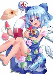 Rule 34 | 1girl, :d, bare arms, bare legs, barefoot, blue bow, blue dress, blue eyes, blue hair, blush, bottle, bow, cirno, commentary request, dress, feet out of frame, flower, food, hair bow, hand fan, hat, holding, holding food, ice, ice wings, innertube, knees up, kooribata, kure~pu, looking at viewer, morning glory, neck ribbon, open mouth, paper fan, popsicle, ramune, red ribbon, ribbon, short hair, simple background, sleeveless, sleeveless dress, smile, soles, solo, straw hat, sun hat, sunflower, swim ring, tan, tanned cirno, touhou, uchiwa, unworn hat, unworn headwear, v-shaped eyebrows, water drop, water yoyo, watermelon bar, white background, wing collar, wings