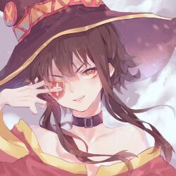 Rule 34 | 1girl, bare shoulders, belt collar, black hair, chuunibyou, collar, collarbone, commentary, dress, eyepatch, eyepatch lift, hat, highres, kono subarashii sekai ni shukufuku wo!, light smile, looking at viewer, megumin, parted lips, portrait, red dress, red eyes, short hair with long locks, solo, witch hat, yellow eyes, yvcchin