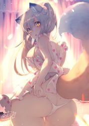 Rule 34 | 1girl, :o, animal ear fluff, animal ears, apron, ass, bare shoulders, blush, breasts, butt crack, chita (ketchup), commentary request, day, fingernails, fox ears, fox girl, fox tail, frilled apron, frills, grey hair, hair between eyes, heart, heart print, highres, indoors, large breasts, long hair, looking at viewer, mole, mole on ass, nearly naked apron, open mouth, original, panties, panty pull, petals, ponytail, pulled by self, sidelocks, signature, solo, string panties, tail, tail raised, thigh gap, underwear, white panties, yellow eyes