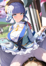 Rule 34 | 1boy, 1girl, aether (genshin impact), ayaka (genshin impact), bad id, bad pixiv id, blue eyes, blunt bangs, blurry, blurry background, blush, braid, braided hair rings, breasts, brown headwear, butterfly hair ornament, cameltoe, clothes lift, collar, dress, dress lift, falling petals, flower, genshin impact, greem bang, grey hair, hair flower, hair ornament, hair rings, hat, highres, holding, kamisato ayaka, kamisato ayaka (springbloom missive), large breasts, lifted by self, long hair, looking at viewer, multicolored clothes, multicolored dress, neck tassel, official alternate costume, official alternate hairstyle, panties, panties under pantyhose, pantyhose, petals, sitting, sitting on person, solo focus, thighs, underwear, white collar, white flower, white pantyhose