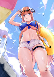 Rule 34 | 1girl, absurdres, arknights, arm up, bagpipe (arknights), bare arms, bikini, blue bikini, blue eyes, blue sky, bottle, breasts, day, eyewear on head, feet out of frame, from below, front-tie bikini top, front-tie top, hand on own hip, highres, horns, innertube, large breasts, long hair, looking at viewer, micro shorts, navel, open fly, orange hair, shanhai wuwei hou, shorts, sky, smile, solo, standing, stomach, sunglasses, swim ring, swimsuit, thighs, very long hair, water drop, white shorts