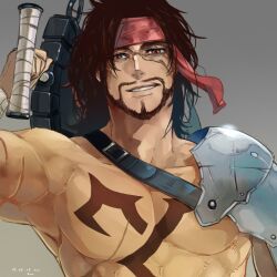 Rule 34 | 1boy, armor, asymmetrical armor, bandaged wrist, bandages, brown hair, chest tattoo, facial hair, facial scar, final fantasy, final fantasy x, gradient background, grin, headband, holding, holding sword, holding weapon, jecht, long hair, male focus, nini tw99, over shoulder, pauldrons, red eyes, red headband, scar, scar across eye, scar on arm, scar on cheek, scar on chest, scar on face, shoulder armor, simple background, single pauldron, smile, solo, sword, sword over shoulder, tattoo, topless male, wavy hair, weapon, weapon over shoulder