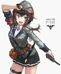 Rule 34 | 1girl, belt, belt pouch, blush, breast pocket, breasts, brown hair, character name, cowboy shot, cross, dual wielding, garrison cap, girls&#039; frontline, grey background, gun, hair ornament, handgun, hat, holding, holding gun, holding weapon, iron cross, kesomaru, knife, long hair, long sleeves, military, military hat, military uniform, miniskirt, open mouth, p38 (girls&#039; frontline), pleated skirt, pocket, pouch, red eyes, simple background, skirt, sleeves rolled up, solo, thigh strap, uniform, walther, walther p38, weapon