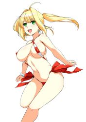 Rule 34 | 1girl, ahoge, bikini, blonde hair, blush, breasts, commentary request, covered erect nipples, earrings, fate/grand order, fate (series), green eyes, hair between eyes, halterneck, haruhisky, highres, jewelry, large breasts, long hair, looking at viewer, navel, nero claudius (fate), nero claudius (fate) (all), nero claudius (swimsuit caster) (fate), open mouth, shiny skin, simple background, smile, solo, standing, standing on one leg, striped bikini, striped clothes, swimsuit, teeth, twintails, white background