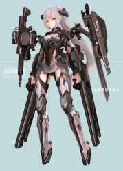 Rule 34 | 1girl, assault rifle, black panties, blue background, boots, cancell, closed mouth, full body, grey hair, gun, headgear, highres, holding, legs apart, long hair, looking at viewer, machinery, original, panties, pantyshot, pencil skirt, ponytail, red eyes, rifle, simple background, skirt, solo, standing, underwear, weapon