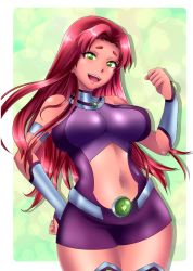 Rule 34 | 1girl, azdraw, boots, breasts, curvy, dc comics, fist pump, green eyes, large breasts, long hair, looking at viewer, midriff, miniskirt, navel, open mouth, purple footwear, purple skirt, red hair, sidelocks, skirt, sleeveless, smile, solo, standing, starfire, tagme, teen titans, thigh boots, thighhighs