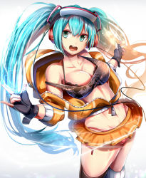 Rule 34 | 1girl, aqua eyes, aqua hair, black bra, black gloves, bra, breasts, cleavage, collarbone, crop top, fingerless gloves, gloves, hatsune miku, headphones, highleg, highleg panties, jacket, lace, lace-trimmed bra, lace trim, large breasts, long hair, magukappu, midriff, miniskirt, off shoulder, open clothes, open jacket, open mouth, panties, pink panties, red panties, skirt, solo, twintails, underwear, unzipped, very long hair, vocaloid