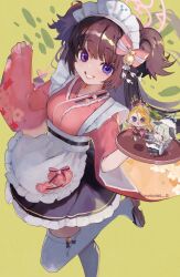 Rule 34 | 3girls, apron, blue archive, breasts, brown hair, chibi, frills, grin, hair ornament, halo, highres, holding, holding plate, japanese clothes, kimono, kuronuma s, long hair, maid, maid headdress, medium breasts, multiple girls, pina (blue archive), pink halo, plate, purple eyes, shizuko (blue archive), smile, thighhighs, twintails, umika (blue archive), wa maid, white thighhighs, wide sleeves