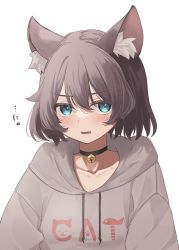 Rule 34 | 1girl, absurdres, animal ear fluff, animal ears, bell, black choker, black hair, blue eyes, blush, cat ears, choker, clothes writing, collarbone, commentary request, drawstring, fang, grey hoodie, hair between eyes, highres, hood, hood down, hoodie, jingle bell, looking at viewer, neck bell, original, parted lips, short hair, simple background, sl10 d, solo, translation request, upper body, v-shaped eyebrows, wavy mouth, white background