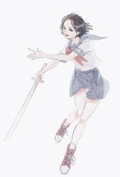 Rule 34 | 1girl, bare arms, black hair, full body, grey skirt, highres, holding, holding sword, holding weapon, ksnnw k, kumagai yuuko, looking at viewer, miniskirt, neckerchief, open mouth, outstretched arms, parted hair, red footwear, red neckerchief, school uniform, serafuku, shoes, short hair, short sleeves, simple background, skirt, smile, sneakers, solo, sword, unsheathed, weapon, white background, world trigger