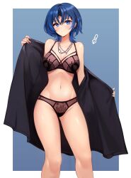 Rule 34 | 1girl, bare shoulders, black bra, black panties, blue eyes, blue hair, border, bra, breasts, cowboy shot, groin, highres, hiodoshi ao, hololive, hololive dev is, jacket, jewelry, medium breasts, navel, necklace, notte, open clothes, open jacket, panties, see-through, see-through bra, see-through panties, short hair, solo, stomach, thighs, underwear, virtual youtuber, white border