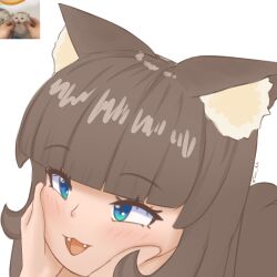 Rule 34 | 1girl, :d, absurdres, animal ear fluff, animal ears, blue eyes, blush, cat, cat ears, cat girl, cheek squash, fangs, green eyes, happy, highres, multicolored eyes, open mouth, reference inset, smile, squishing, takie, takie arts
