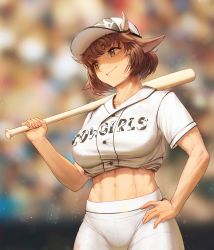 Rule 34 | 1girl, abs, absurdres, animal ears, animal print, baseball, baseball bat, baseball cap, baseball uniform, breasts, brown hair, cow ears, cow girl, cow horns, cow print, hand on own hip, hat, head tilt, highres, horns, large breasts, looking away, midriff, muscular, muscular female, numanoan, original, outdoors, short hair, smile, solo, sportswear, stadium, standing, uniform, yellow eyes