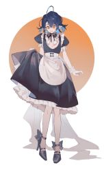 Rule 34 | 1boy, ahoge, alternate costume, apron, arknights, black bow, black bowtie, black footwear, black hair, blue hair, bow, bowtie, crossdressing, detached collar, dress, earrings, enmaided, freckles, frilled dress, frills, gradient background, high heels, highres, jewelry, looking down, lumen (arknights), maid, male focus, multicolored hair, open mouth, orange background, orange eyes, pointy ears, puffy short sleeves, puffy sleeves, shell, shell earrings, short hair, short sleeves, single earring, skirt hold, solo, standing, two-tone hair, waist apron, white apron, white background, wrist cuffs, yige trumpet