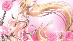 Rule 34 | 1girl, ass, blonde hair, breasts, elcia harvence, closed eyes, flower, highres, koikishi purely kiss, large breasts, long hair, nipples, nude, rose, sideboob, solo, thorns