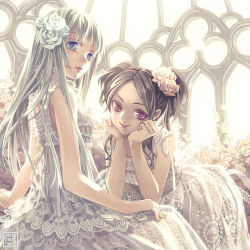 Rule 34 | 2girls, bare shoulders, blonde hair, blue eyes, brown eyes, brown hair, head rest, colored eyelashes, dress, flower, hair flower, hair ornament, hands on own cheeks, hands on own face, highres, lace, long hair, md5 mismatch, minami seira, multiple girls, original, parted lips, purple eyes, rose, smile, twintails, white dress, white theme, window